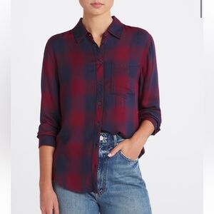 Cosmic Blue Love Plaid Button-Up Shirt Size L